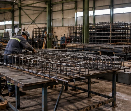 Profissional preparando armações de aço em ambiente industrial